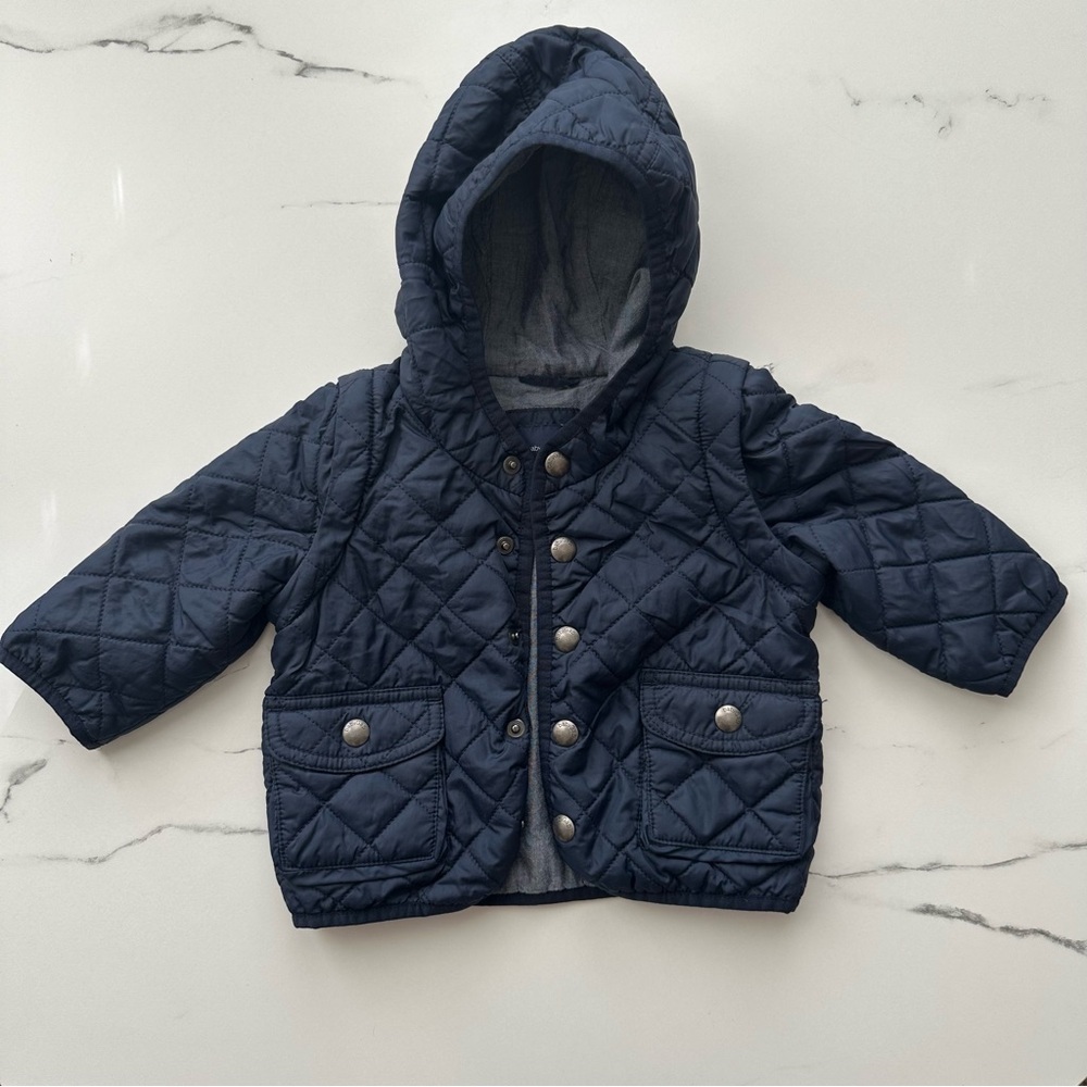 Baby Gap Convertible Quilted Jacket Vest Navy 6-12M Hooded Snap Coat EUC